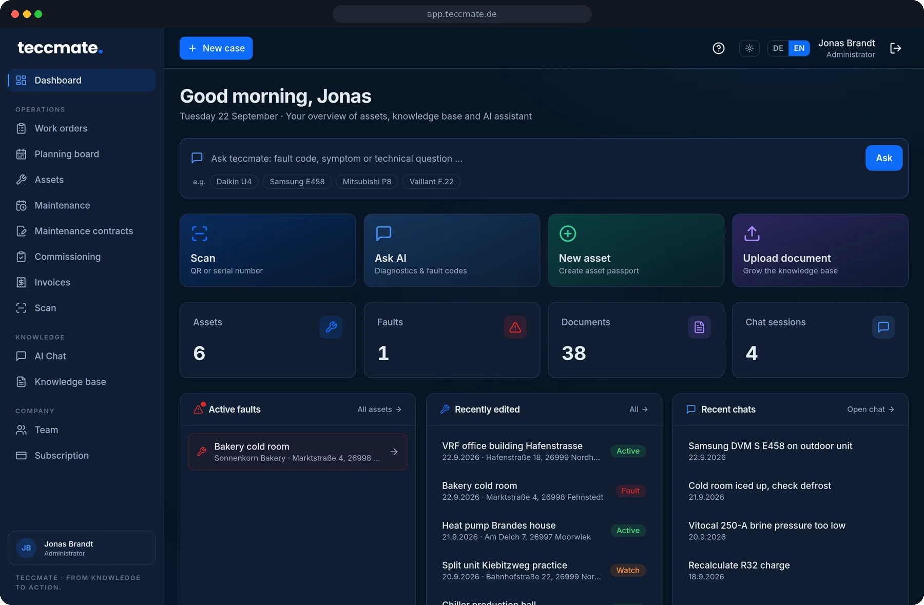 Dashboard with quick actions, faults, recently edited assets and chats